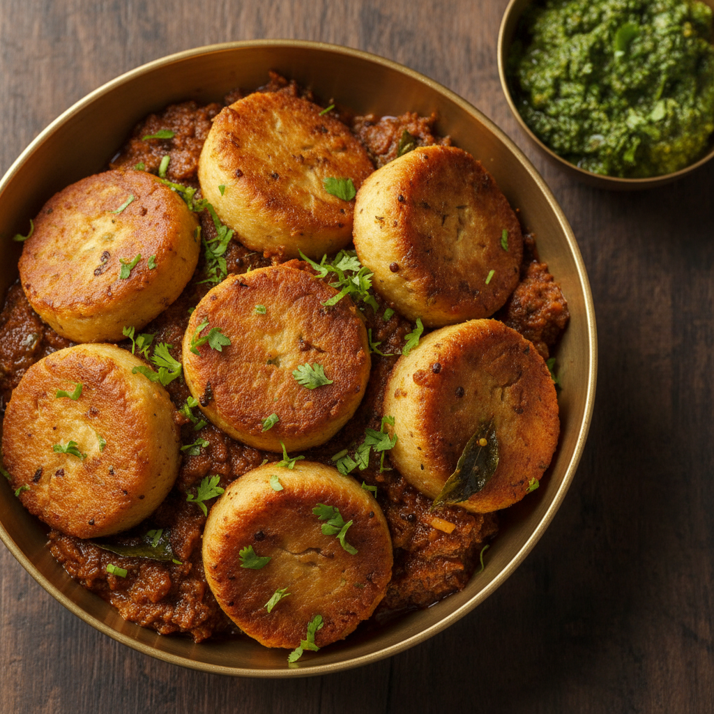 Golden-brown dal and vegetable patties (vadis) swimming in a rich, reddish-brown Maharashtrian kokum-masala, garnished with fresh coriander, served in a brass bowl.