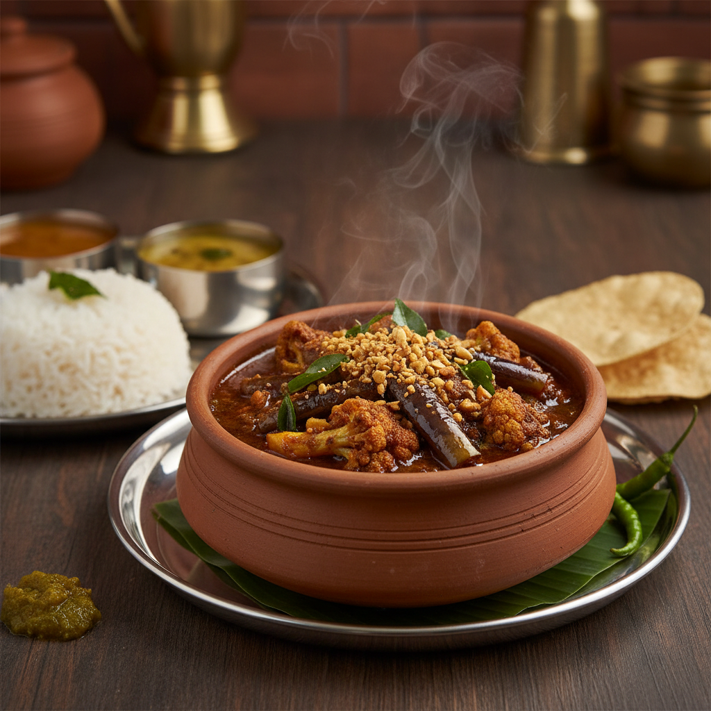 Chettinad Kadalai Gobi Kathirikai Dum Kari, a semi-dry side dish with cauliflower, brinjal, and roasted groundnuts in a deep reddish-brown gravy, served in a rustic clay pot.
