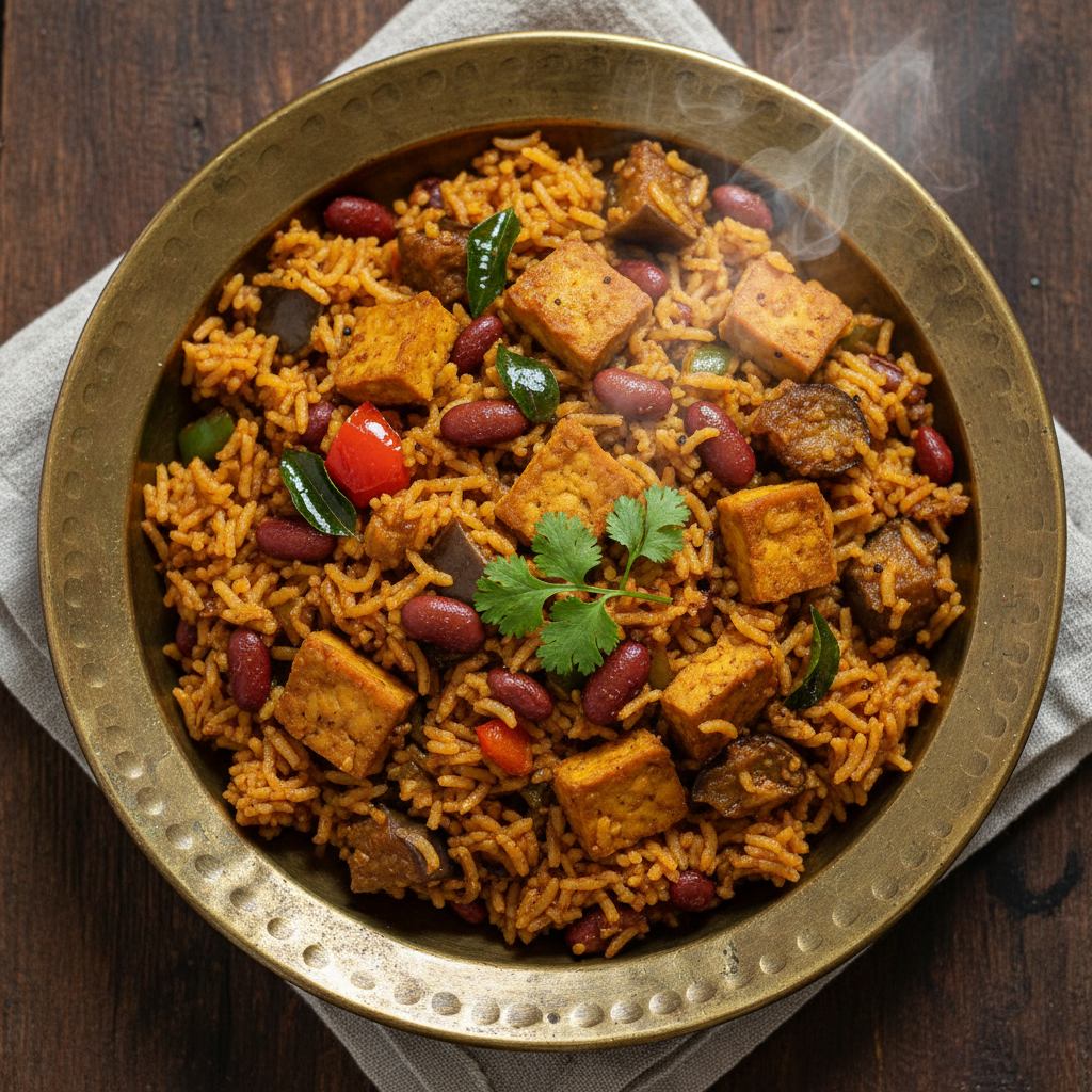 Chettinad Kathirikai Tempeh Rajma Sadam, a fragrant spiced rice dish with tempeh, rajma, brinjal, and bell peppers, served hot in an Indian brass bowl and garnished with green curry leaves.