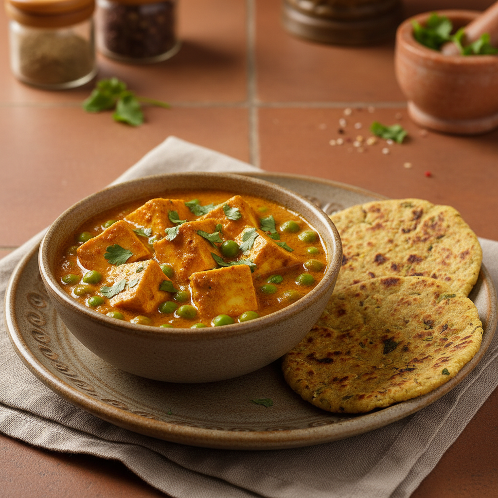 High-Protein Paneer and Sprouted Green Pea 'Makhani' with Oats and Sattu Missi Roti
