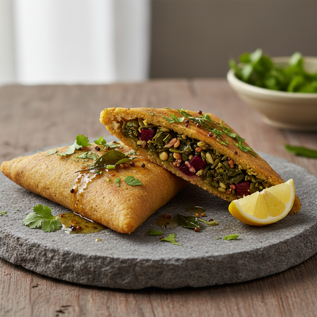 Two diamond-shaped pieces of Marwari Ker-Kulith Steamed Pooda on a rustic stone plate, revealing the vibrant green, red, and brown filling against the pale golden outer layer, garnished with coriander.