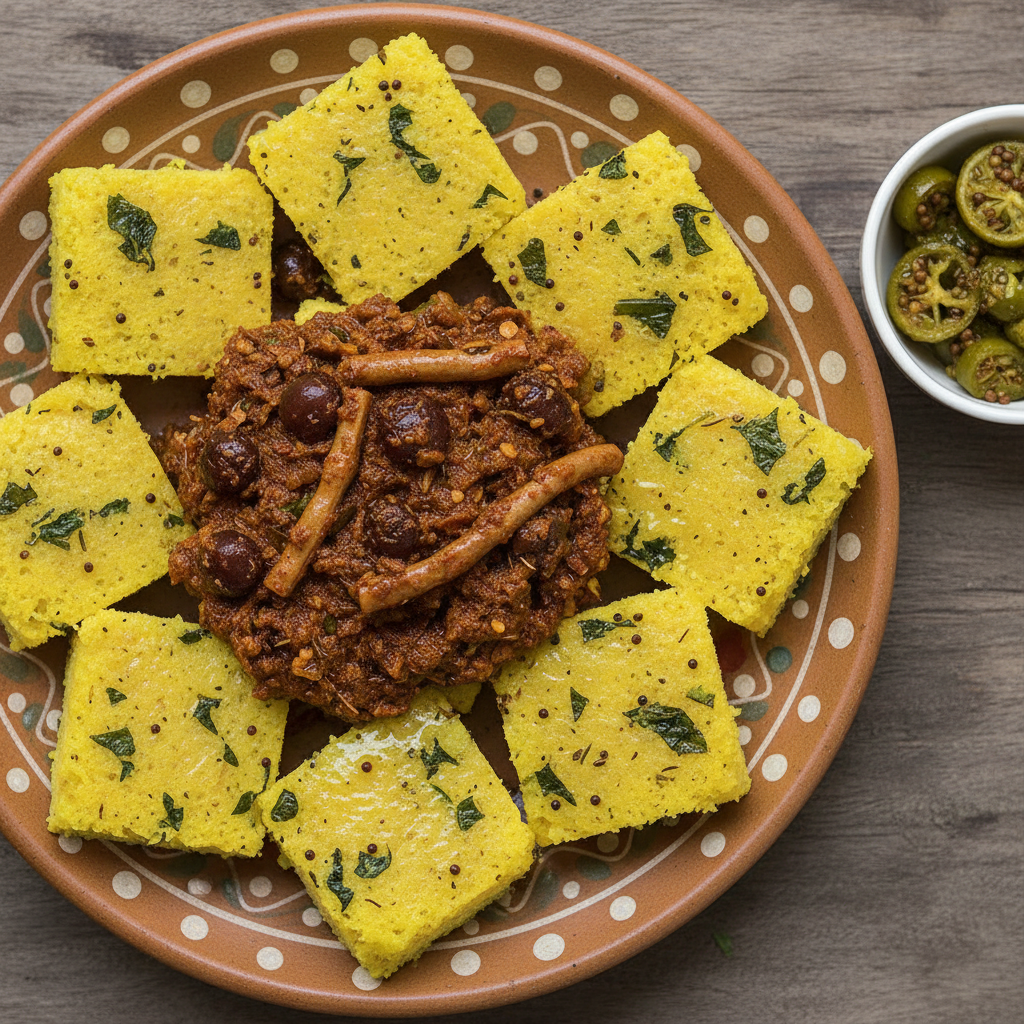 Golden-yellow steamed dhokla squares, studded with green leaves, topped with a deep reddish-brown Ker-Sangri ra Saag, served on a round ceramic plate.