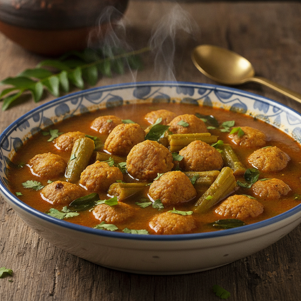 A steaming traditional South Indian ceramic bowl filled with Sakkaravalli Paruppu Kozhukattai Rasam, showcasing golden dal dumplings, green drumstick pieces, and fresh curry leaves in a rich tamarind-coconut broth, garnished with fresh coriander.