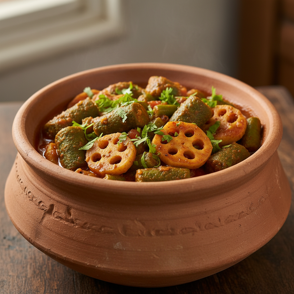 A vibrant Sindhi Val-Rajgira Muthia Sabzi with Bhee & Gavar, showcasing steamed green dumplings, lotus stem slices, and cluster beans in a thick, reddish-brown gravy, garnished with fresh coriander, served in a traditional brown clay pot.