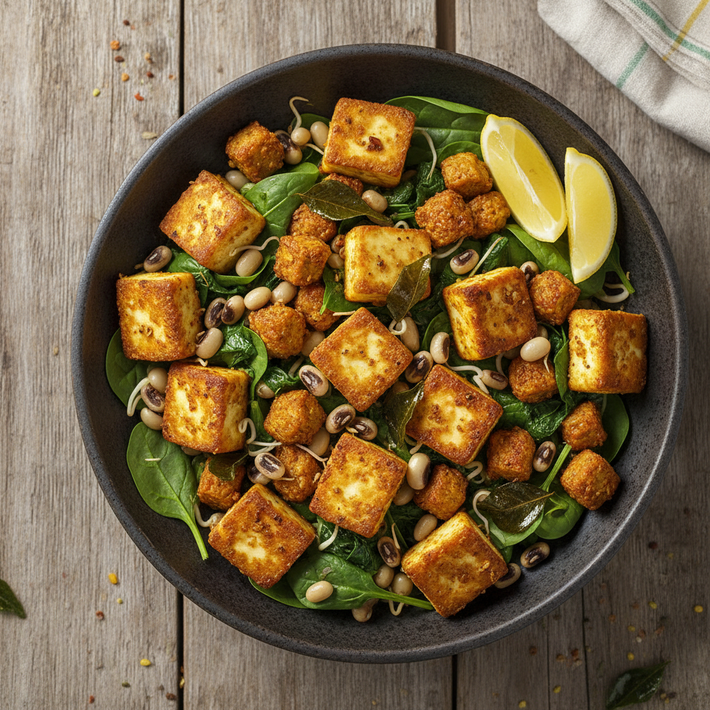 Spicy Paneer and Soya Chunk 'Pepper Fry' with Garlicky Sprouted Lobia and Spinach