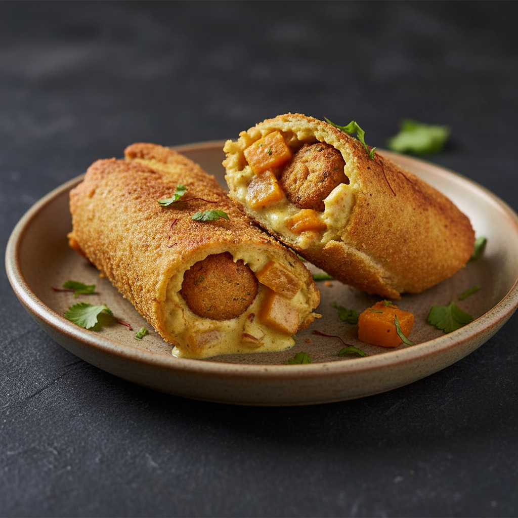 Two golden-brown, rolled besan lapets, cut in half to showcase a rich saffron-hued filling of besan kofta and sweet potato, garnished with fresh coriander, on a ceramic plate.