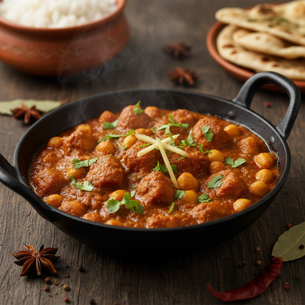 Zesty Ginger-Garlic Soya Chunk and Kabuli Chana Bhuna