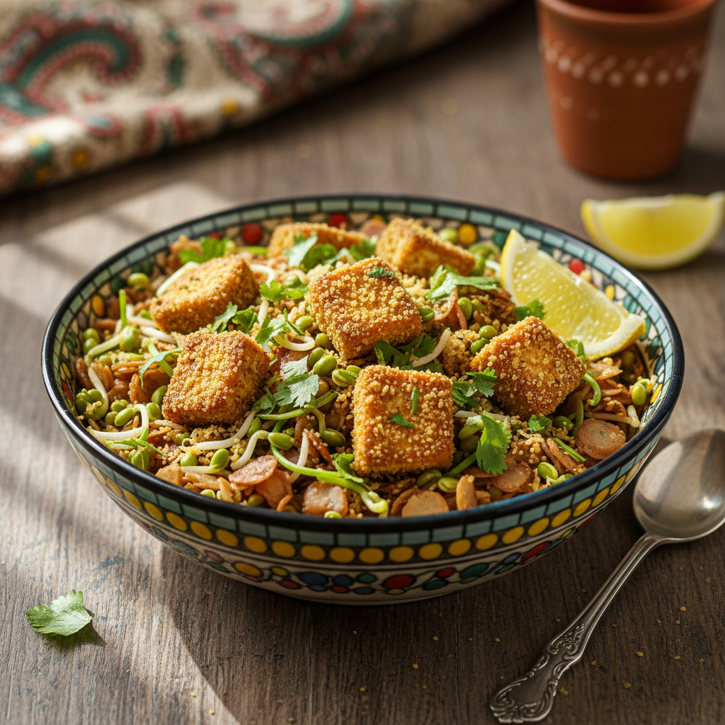 Zesty Sattu-Crusted Paneer and Sprouted Moong High-Protein Poha